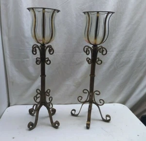 Customizable Wrought Iron Handmade 17" Candlestick Holder Stand Glass Globe 2pc - Picture 1 of 11