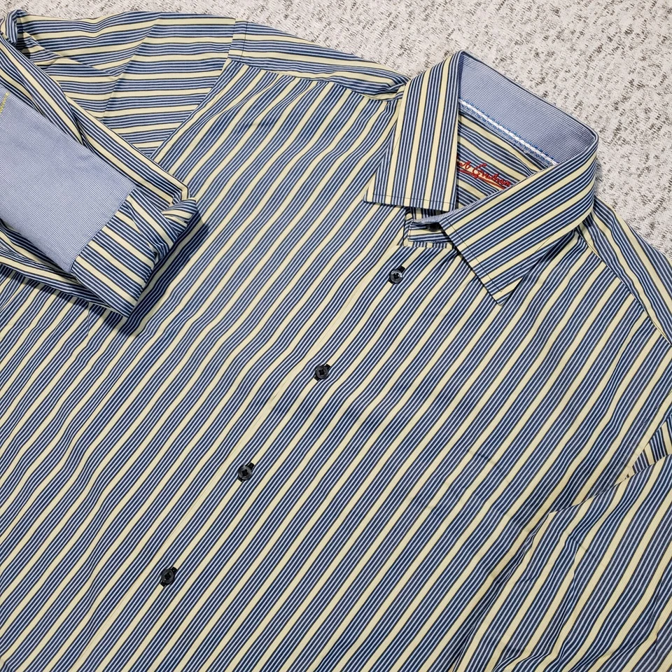 Camisa Robert Graham Para Hombre 17 Azul Amarillo Rayas Puño Francés Manga Larga Foto 1 de 4