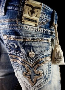 $220 Mens Rock Revival Jeans "Rahm" Thick Leather Inserts Straight 33 X 31 - Picture 1 of 13