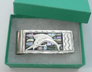 Vintage 925 Sterling Silver Mother of Pearl Inlay Swordfish Money Clip Mexico - Picture 1 of 7
