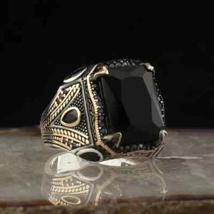 Men's Natural Stone Handmade Men's Ring Jewelry Silver Ring Black Zircon Stone - Picture 1 of 3