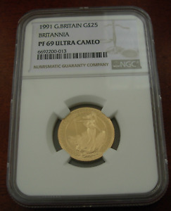 Great Britain 1991 Gold 1/4 oz 25 Pounds NGC PF69UC Britannia Mintage - 750