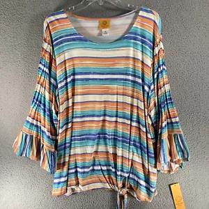 Ruby Rd Top Women’s Plus 2X Orange Teal Stripe Ruffle Sleeve Casual Beach Summer - Picture 1 of 13