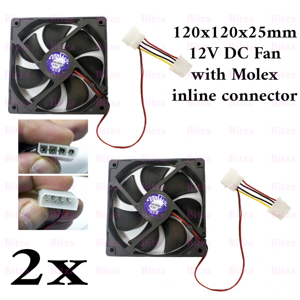 2x Black 120x120x25mm 12V PC Axial Fan with Molex inline Connectors - Image 1 of 1