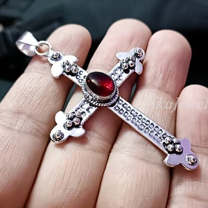 Red Garnet Oval Gemstone Pendant 925 Sterling Silver Cross Unisex Jewelry/p-595 - Picture 1 of 6