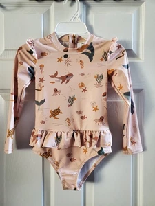 Girls Long Sleeve Swimsuits One Piece Rash Guard Bathing Suit with a Ruffle hem - Picture 1 of 4