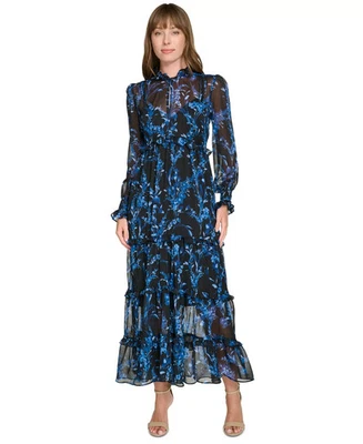 Tommy Hilfiger Women's Provincial Floral Chiffon Ruffled Dress - Black Blue - 12 - Image 1 of 4