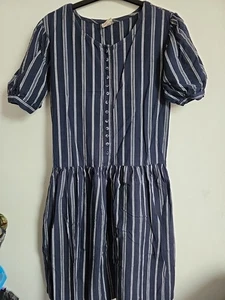 Vintage 80s Dress Topshop Blue Striped Drop Waist Retro Size 12 - Picture 1 of 8