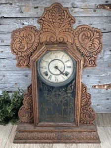 Fancy Old Gingerbread Mantel Clock Gilbert Movement without Key - Picture 1 of 17