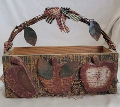 Wood Box Holder w Apple Decorative Handle Distressed Green Red Brown Metal leaf - Image 1 of 4