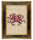 Plum Octopus #4 Art Print on Vintage Book Page Sea Ocean Decor Tentacles Gifts