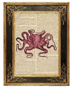 Plum Octopus #4 Art Print on Vintage Book Page Sea Ocean Decor Tentacles Gifts - Imagen 1 de 3