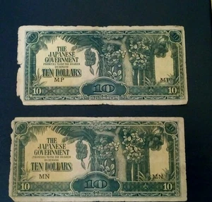 #3 Malaya Japanese Occupation JIM Ten Dollar $10 banknote Prefix MP MN 2pc aVF F - Picture 1 of 3