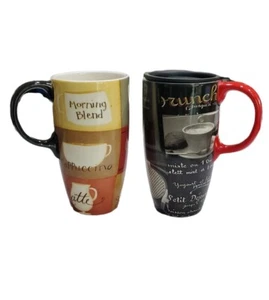 Set of 2 Cypress Home 16 oz. Tall Coffee Mugs With Lid Coffee & French Themed - Picture 1 of 7
