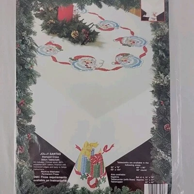 XMAS Tablecloth X Stitch Kit Bucilla 60" Round Jolly Santa Holiday Stamped Bow - Image 1 of 4