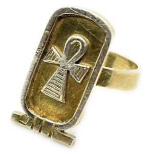 Egyptian Vintage Fully Hallmarked Silver with Gold Ankh Ring - Size K - 4.58g