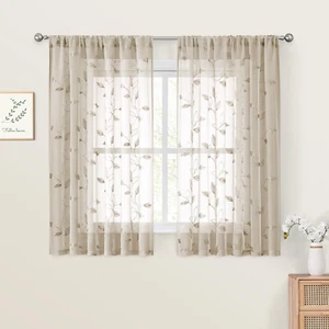 Taupe Sheer Kitchen Curtains 52x45" - Beige Leaf Embroidery, 2 Panels - Picture 1 of 13