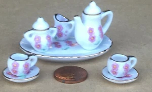 Ceramic 10 Piece Pink Flower Tea Set Tumdee 1:12 Scale Dolls House 1763 - Picture 1 of 3