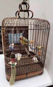 Lovely Vintage Asian Ornate Bamboo Chinese Bird Cage w/6 Porcelain Feeders Bowls - Picture 1 of 24