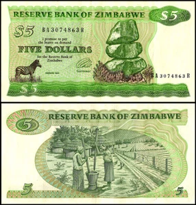Zimbabwe 5 Dollars, 1980-1994, P-2, Used - Picture 1 of 1