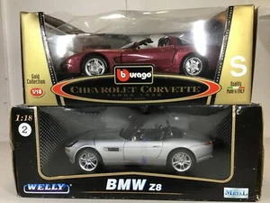 1:18 Burago 1998 Corvette Burgandy & Welly BMW Z8 Silver in Original Boxes - Picture 1 of 12