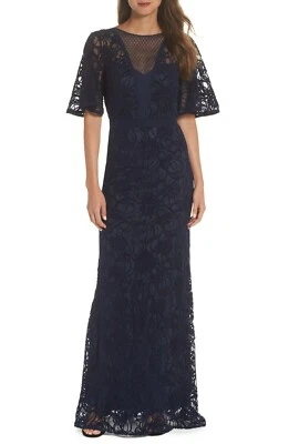 TADASHI SHOJI Navy Blue Velvet Burnout Lace Embroidered Flutter Sleeve Gown 8 M - Image 1 of 4
