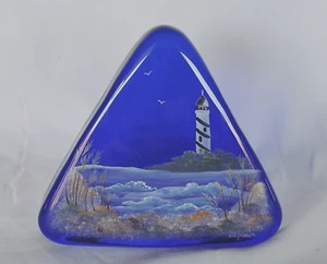 Fenton Sue Jackson Cobalt Blue Glass Painted Paperweight Lighthouse Ocean Water - Picture 1 of 7
