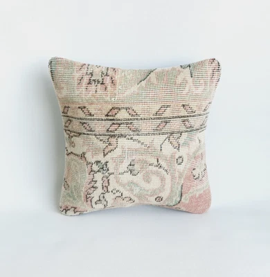 vintage pillow cover , handmade rug pillow case 16x16 in , beige,pink,green - Image 1 of 4