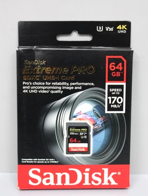 SanDisk Extreme PRO 64 GB SDXC-Speicherkarte bis zu 170 MB/s, UHS-1, NEU - Bild 1 von 2