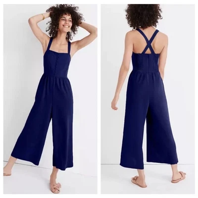 Madewell Wide Leg Cropped Jumpsuit Medium navy Minimalist Chic spring romper - Image 1 of 4