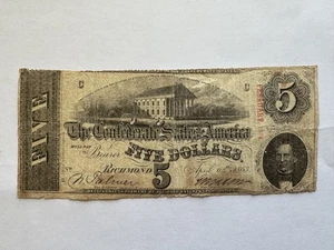 1863 $5 Five Dollar Confederate States of America Note Civil War Era Currency - Picture 1 of 4