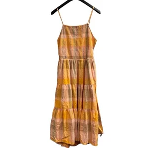 Tiered Maxi Sun Dress Womens 3X Orange Pink Smocked Open Back Boho Hippie Beach - Picture 1 of 9