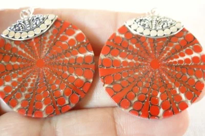 Round Red Sea Shell 925 Sterling Silver Dangle Drop Earrings - Image 1 of 3