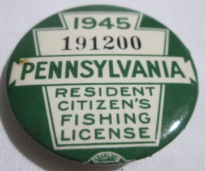 Insignia de botón de licencia de pesca residente Pennsylvania PA 1945 original vintage Foto 1 de 3