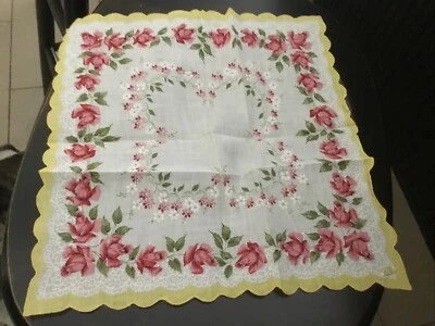 Pañuelo/pañuelo floral amarillo y rosa vintage bordes festoneados 12"x 12"" #238A Foto 1 de 4