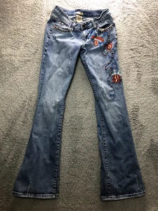 Decoded Flared Leg Jeans Women's 5/6 Blue Faded embroidered Low Rise Embellished - Picture 1 of 10