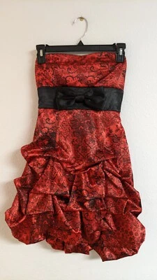 Women's Ruby Rox Red & Black Strapless Bubble Hem Dress W/Pick-Ups Bow Front 1 - Image 1 of 4