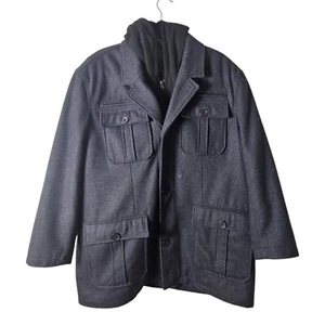 Structure XXL Wool Coat Charcoal Gray Black Hoodie Zipper Lined Cargo Pockets - Picture 1 of 12