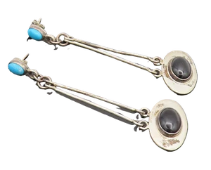 MEXICO 925 Silver  Vintage Pendulum Drop Turquoise & Onyx Earrings  EG12541 - Picture 1 of 5