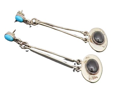 Pendientes colgantes vintage de plata 925 de México turquesa y ónix EG12541 Foto 1 de 4