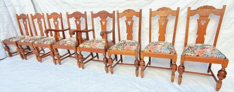 Antique Mediterranean / Spanish Revival Oak Set of 8 Chairs Circa 1920s RESTORED Cover