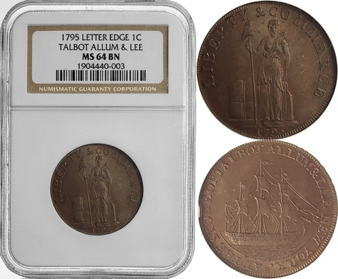 1795 NGC MS 64 BN Talbot Allum & Lee 1C Copper Colonial Letter Edge BU Cent Coin Cover