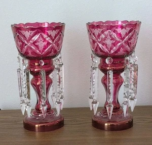 Stunning Pair Of Bohemian Cranberry Glass Mantle Lusters 11.25 đź’ŽBeautiful - Picture 1 of 16
