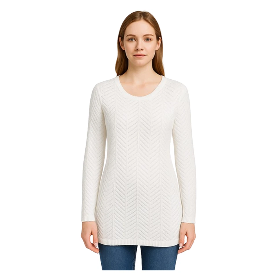 Alia Women’s Petite Small White Herringbone Knit Scoop Neck Sweater - Image 1 of 4