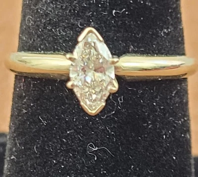 Diamond Solitaire Ring Approximately 1/2 Carat 14k Gold Marquise Cut Size 7 1/4 - Image 1 of 4