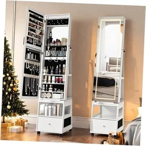 360°Swivel Mirrored Jewelry Cabinet with Full-Length Mirror, Modern Lockable - Picture 1 of 8
