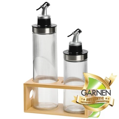 Garnen Oil and Vinegar Dispenser Set Glass Oil Dispenser for Kitchen+Wooden Rack - Image 1 of 4
