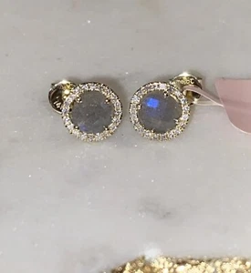 MEIRA T 14K Gold Grey Labradorite Diamond Halo Stud Earrings LAST ONE - Picture 1 of 9