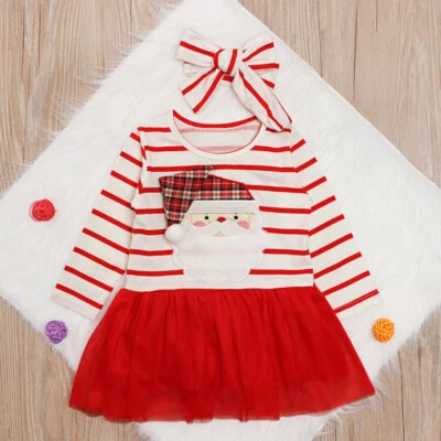 Kids Infant Baby Girls Santa Christmas Striped Tutu Tulle Dress+Headband Outfits - Image 1 of 4