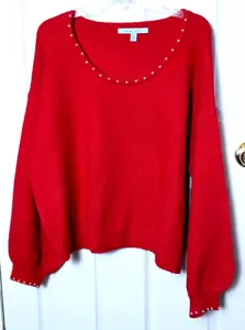 Maglione collo scoop rosso San Valentino blu sol 1x finte perle maniche a palloncino - Foto 1 di 5